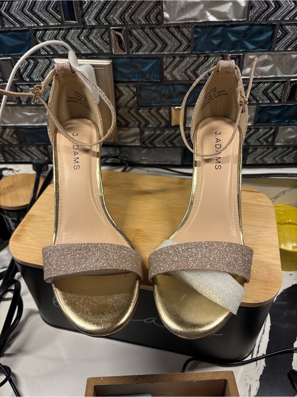 Adams Women's Gold Heels with Champagne Glitter Straps